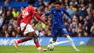<p>TOP MAN: Chelsea's Jadon Sancho and Nottingham Forest's Ola Aina (left) during the Premier League match at Stamford Bridge, London. Pic: Bradley Collyer/PA Wire</p>