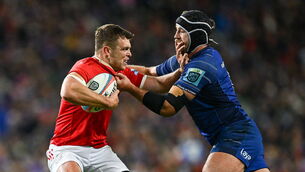 <p>DERBY BATTLE: Munster's Tom Farrell is tackled by Leinster's Caelan Doris. Picture: Seb Daly/Sportsfile</p>
