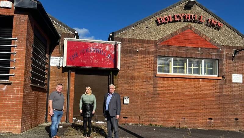 Sinn Féin councillors Kenneth Collins and Michelle Gould, with TD Thomas Gould, outside the old Hollyhill Inn building. Ms Gould has submitted a motion to Cork City Council requesting the compulsory purchase of the disused building so it can be used as the new music and artistic hub for the Kabin Studio. Sinn Féin councillors Kenneth Collins and Michelle Gould, with TD Thomas Gould, outside the old Hollyhill Inn building. Ms Gould has submitted a motion to Cork City Council requesting the compulsory purchase of the disused building so it can be used as the new music and artistic hub for the Kabin Studio.
