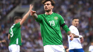 <p>Troy Parrott of Republic of Ireland during the clash with Greece at Georgios Karaiskakis Stadium in Piraeus. Pic: Stephen McCarthy/Sportsfile</p>