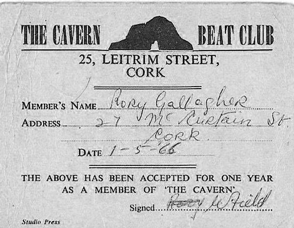 Rory Gallagher’s membership card for The Cavern. Rory Gallagher’s membership card for The Cavern.