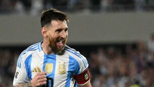 <p>DRIVING ON: Argentina's forward #10 Lionel Messi celebrates after scoring against Bolivia. Photo by LUIS ROBAYO/AFP via Getty Images</p>