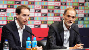 <p>Newly-appointed England head coach Thomas Tuchel with FA CEO Mark Bullingham ahead of a press conference. Pic: John Walton/PA Wire.</p>