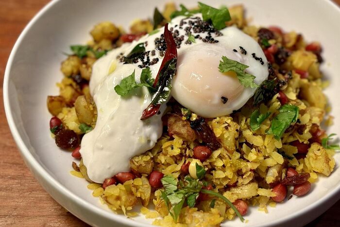 Poha with Poached Eggs
