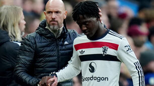 <p>BLOW: Kobbie Mainoo, right, will be out for a few weeks with a muscle injury. Pic: Mike Egerton/PA</p>