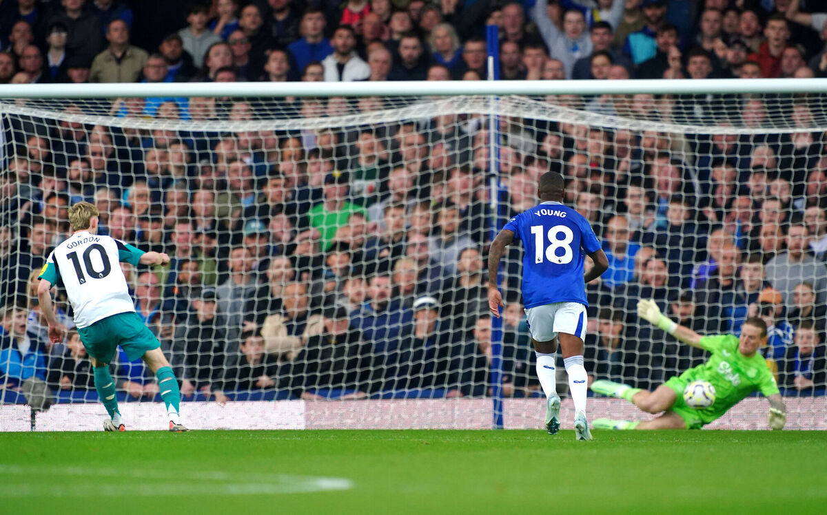 Newcastle United's Anthony Gordon sees his penalty shot saved by Everton goalkeeper Jordan Pickford. Photo credit: Peter Byrne/PA Wire. Newcastle United's Anthony Gordon sees his penalty shot saved by Everton goalkeeper Jordan Pickford. Photo credit: Peter Byrne/PA Wire.