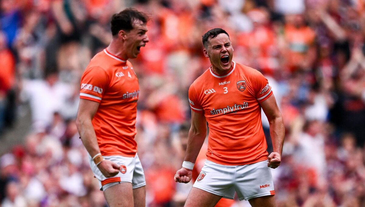 Armagh's Aaron McKay and Barry McCambridge celebrate the crucial second half goal in the All-Ireland final in July.