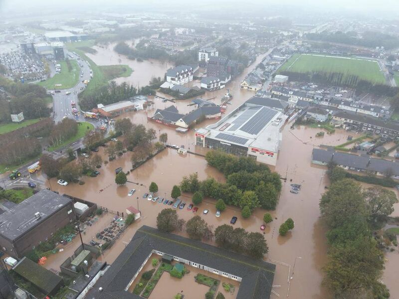 A drone photo issued by Guileen Coast Guard on October 19, 2023, gives an impression of the scale of devastation suffered by Midleton after Storm Babet. Picture: Guileen Coast Guard