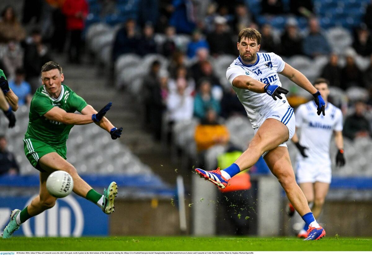 Aidan O'Shea of Connacht scores his side's first goal, worth 4 points in the third minute of the first quarter. Pic: Stephen Marken/Sportsfile