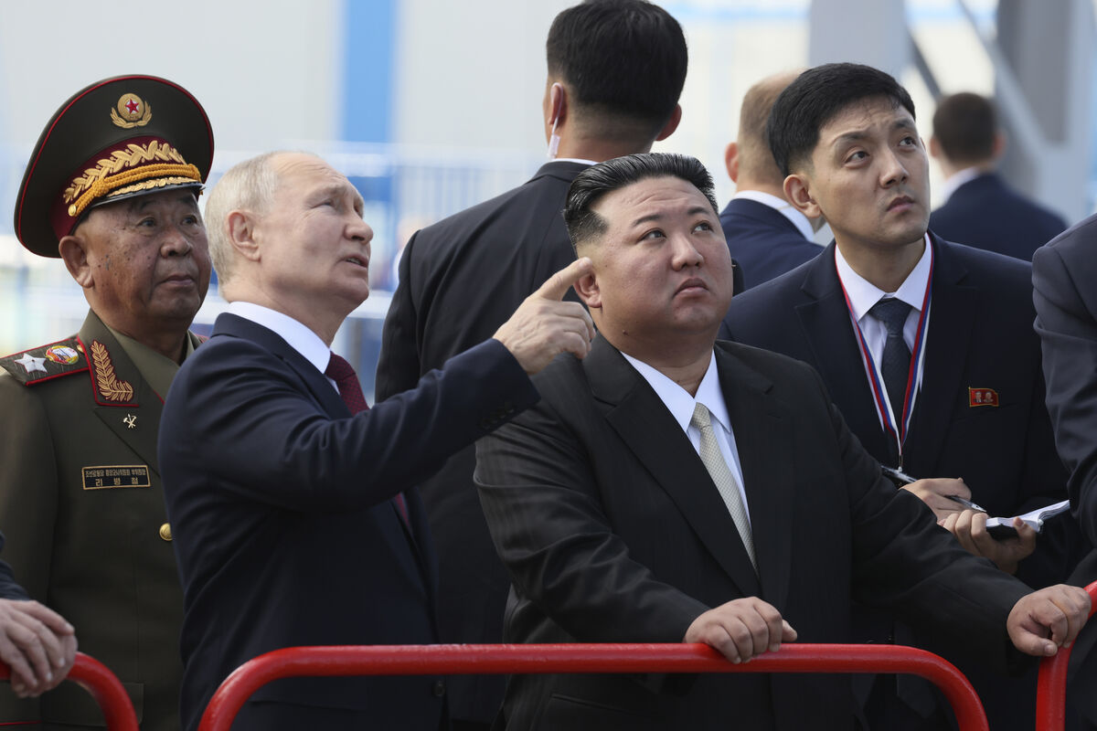 Russian President Vladimir Putin and North Korea's leader Kim Jong Un examine a launch pad during their meeting at the Vostochny cosmodrome outside the city of Tsiolkovsky. Picture: Mikhail Metzel, Sputnik, Kremlin Pool Photo via AP Russian President Vladimir Putin and North Korea's leader Kim Jong Un examine a launch pad during their meeting at the Vostochny cosmodrome outside the city of Tsiolkovsky. Picture: Mikhail Metzel, Sputnik, Kremlin Pool Photo via AP