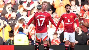 <p>GOAL-SCORERS: Manchester United's Rasmus Hojlund celebrates with Alejandro Garnacho.  Pic: Martin Rickett/PA Wire.</p>