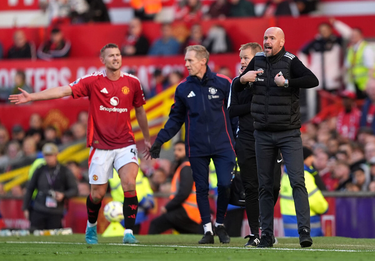 Manchester United manager Erik ten Hag reacts after his side concede a goal while Matthijs de Ligt (left) is off the pitch. Pic: Martin Rickett/PA Wire.