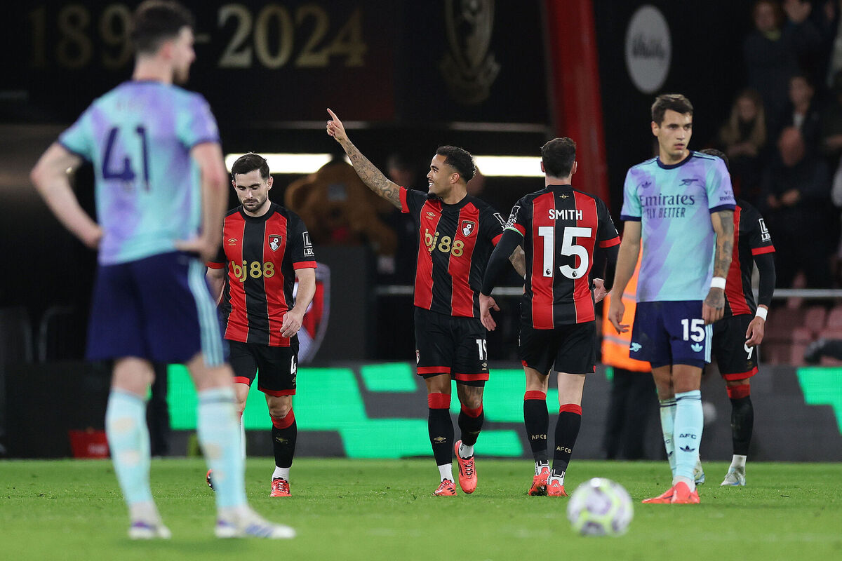 Bournemouth's Justin Kluivert (centre) celebrates scoring their side's second goal. Pic: Steven Paston/PA Wire. Bournemouth's Justin Kluivert (centre) celebrates scoring their side's second goal. Pic: Steven Paston/PA Wire.