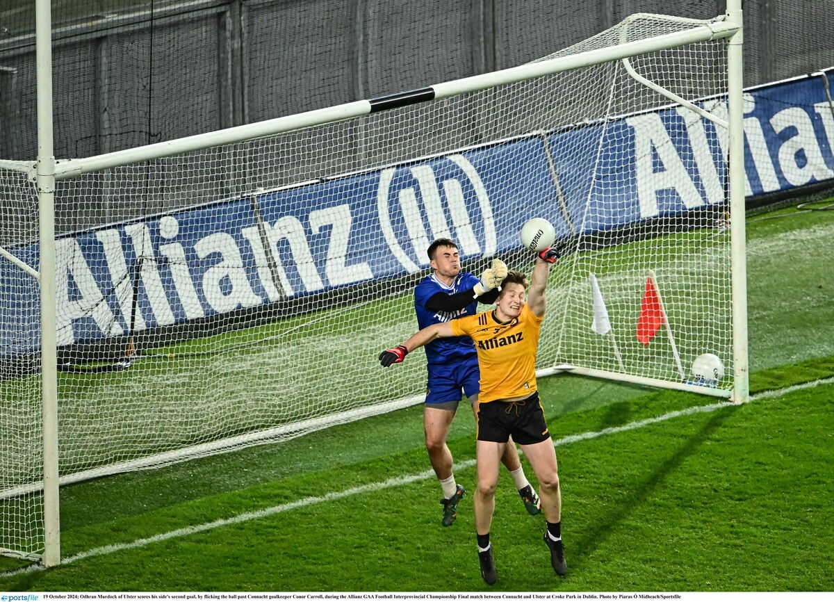 Odhran Murdock of Ulster scores his side's second goal, by flicking the ball past Connacht goalkeeper Conor Carroll. Pic: Piaras Ó Mídheach/Sportsfile