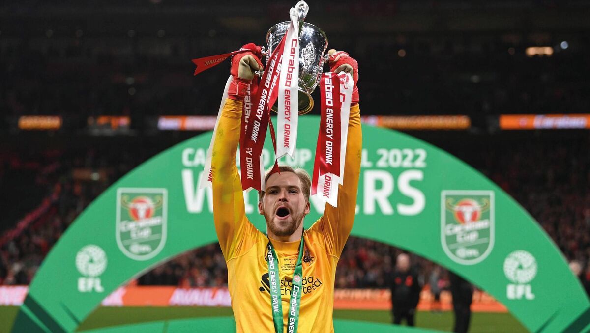 Caoimhin Kelleher lifts The Carabao Cup. Pic: Shaun Botterill/Getty Images. Caoimhin Kelleher lifts The Carabao Cup. Pic: Shaun Botterill/Getty Images.