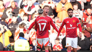 <p>Rasmus Hojlund hit Manchester United’s winner (Martin Rickett/PA)</p>