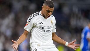 <p>Real Madrid's Kylian Mbappe celebrates after scoring his side's second goal against Alaves</p>