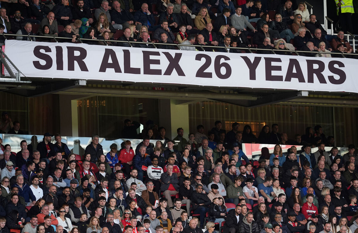 A banner supporting former Manchester United manager Sir Alex Ferguson after the termination of his ambassadorial contract.