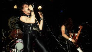 <p>British heavy metal band Iron Maiden performs at Pointe East during their Killer World Tour, Lynwood, Illinois, June 26, 1981. Pictured are Paul Di'Anno and Steve Harris. (Photo by Paul Natkin/Getty Images)</p>