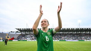 <p>Megan Connolly of Republic of Ireland celebrates after the 2025 UEFA Women's European Championship qualifying group A match between Republic of Ireland and France at Páirc Uí Chaoimh. Pic: Stephen McCarthy/Sportsfile</p>