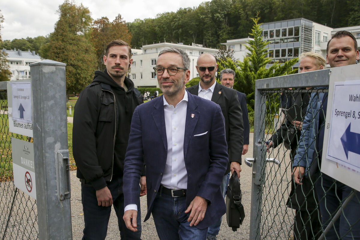 Herbert Kickl, leader of the Freedom Party of Austria (FPÖ), leaves a polling station in Purkersdorf, Austria last September after casting his vote in the country's national election. In a recent poll from before the election, almost half (48%) of ÖVP voters said the party should govern with the 'Kickl FPÖ'. Photo: AP/Heinz-Peter Bader