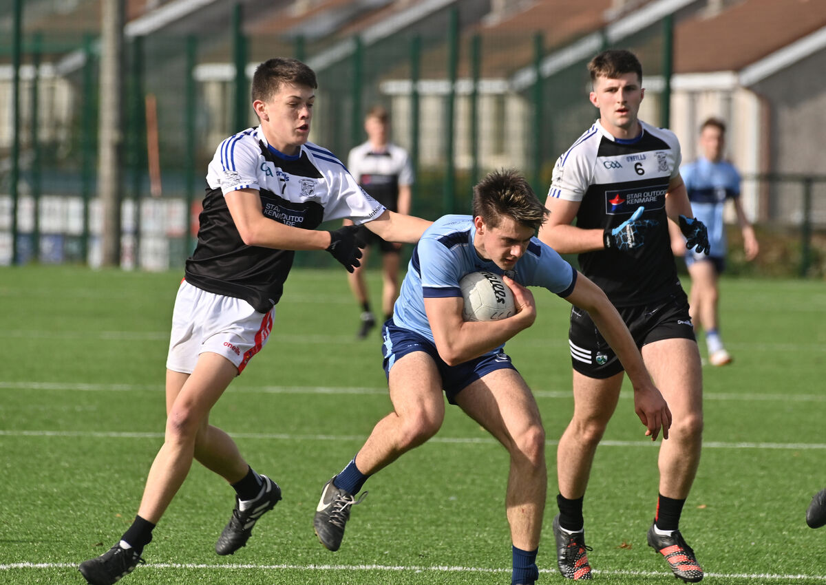  Cillian Twohig, Clonakilty Community College is tackled by Seamus O'Donoghue, Pobalscoil Inbhear Scéine, Kenmare during their TUS Corn Uí Mhuirí U19 group 2 match at Bishopstown, Cork. Picture Dan Linehan