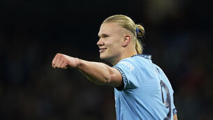 <p>MACHINE: Manchester City's Erling Haaland celebrates after scoring his side's second goal. Pic: AP/Dave Thompson</p>