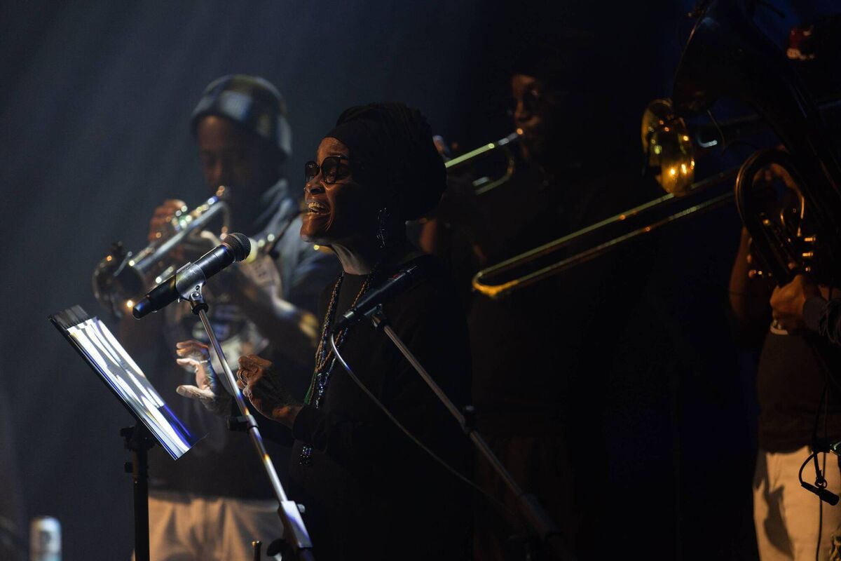 The Hypnotic Brass Ensemble and their mother Aquilla Sadalla at Cork Opera House. Picture: Darragh Kane