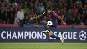 <p>Lamine Yamal controls the ball during the UEFA Champions League win over FC Bayern Munich. (Photo by Josep LAGO / AFP) (Photo by JOSEP LAGO/AFP via Getty Images)</p>