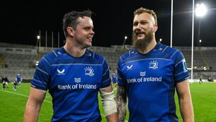 <p>NEW FRIENDS: James Ryan, left, and RG Snyman of Leinster after the United Rugby Championship match between Leinster and Munster at Croke Park in Dublin. Pic: Brendan Moran/Sportsfile</p>