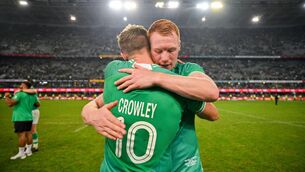 <p>TEN TALK: Leinster's Ciarán Frawley with his Munster colleague and rival Jack Crowley at Kings Park in Durban last summer. Pic: Brendan Moran/Sportsfile</p>