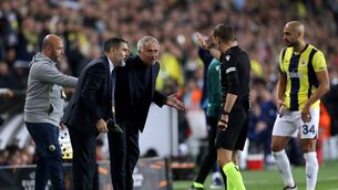 <p>RED: Jose Mourinho, Head Coach of Fenerbahce SK, reacts towards Referee Clement Turpin during the UEFA Europa League. Picture: Burak Kara/Getty Images</p>