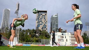 <p>QUALIFIERS: Denise O'Sullivan, left, and Niamh Fahey during a Republic of Ireland women training session at Mikheil Meskhi Stadium II in Tbilisi, Georgia. Picture: Stephen McCarthy/Sportsfile</p>