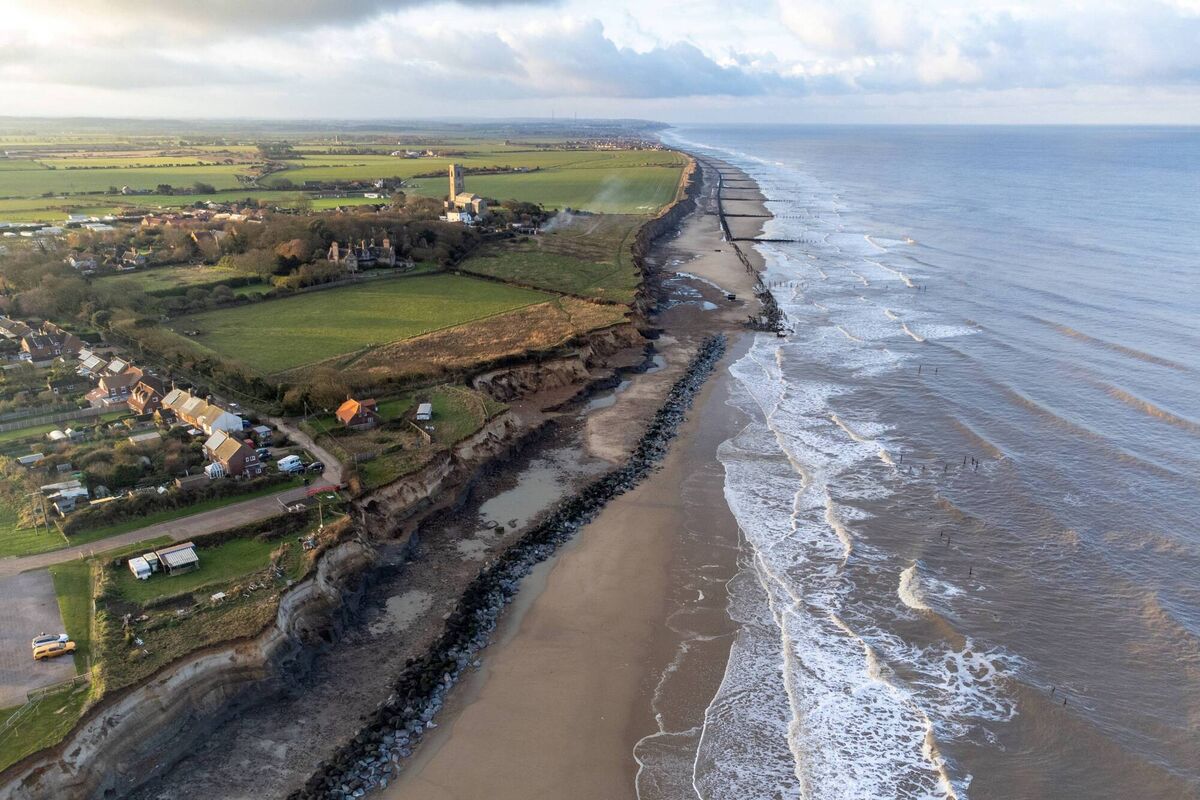 Aerial view of the coastal erosion at Happisburgh in Norfolk.