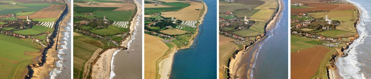 A series of aerial pictures taken, from left, in 1996, 2006, 2012, 2021 and 2023 showing the land at Happisburgh being gradually lost to the sea. 