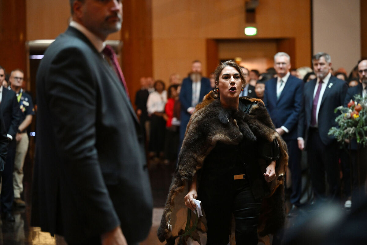 Australian senator Lidia Thorpe protests during the ceremonial welcome to Australia for King Charles III and Queen Camilla at Australian Parliament House in Canberra. Picture: Victoria Jones/PA Wire