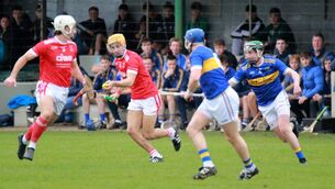 <p>THE HOT HAND: Doon's top scorer Adam English holding possession against Patrickswell in the Limerick SHC Semi Final. Pic: Brendan Gleeson</p>
