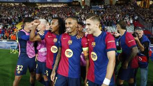 <p>STRIDING FORWARDS: Barcelona's Raphinha, second right, celebrates with teammates after scoring his sides forth goal during a Champions League opening phase soccer match between Barcelona and Bayern Munich at the Lluis Companys Olympic Stadium in Barcelona, Spain, Wednesday, Oct. 23, 2024. Pic: AP Photo/Joan Monfort</p>