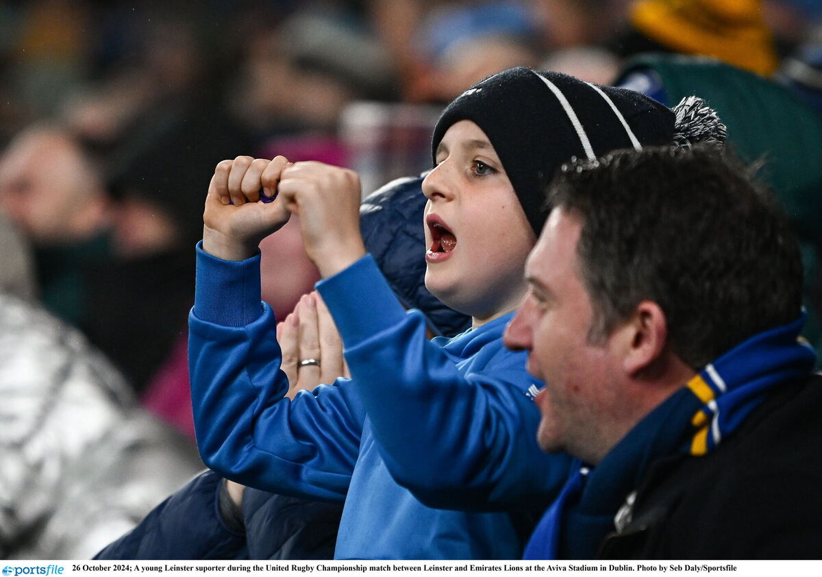 A young Leinster suporter during the United Rugby Championship match between Leinster and Emirates Lions at the Aviva Stadium in Dublin. Photo by Seb Daly/Sportsfile