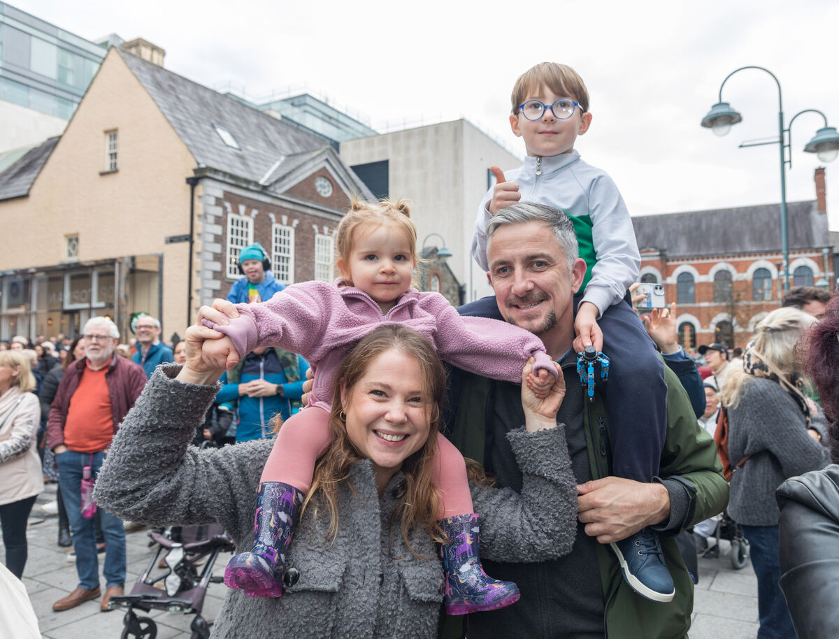 Maeve, Sofia, Trevor and Rían O'Neill enjoying the live music on Emmett Place during the Guinness Cork Jazz Festival in Cork. – Picture; David Creedon
