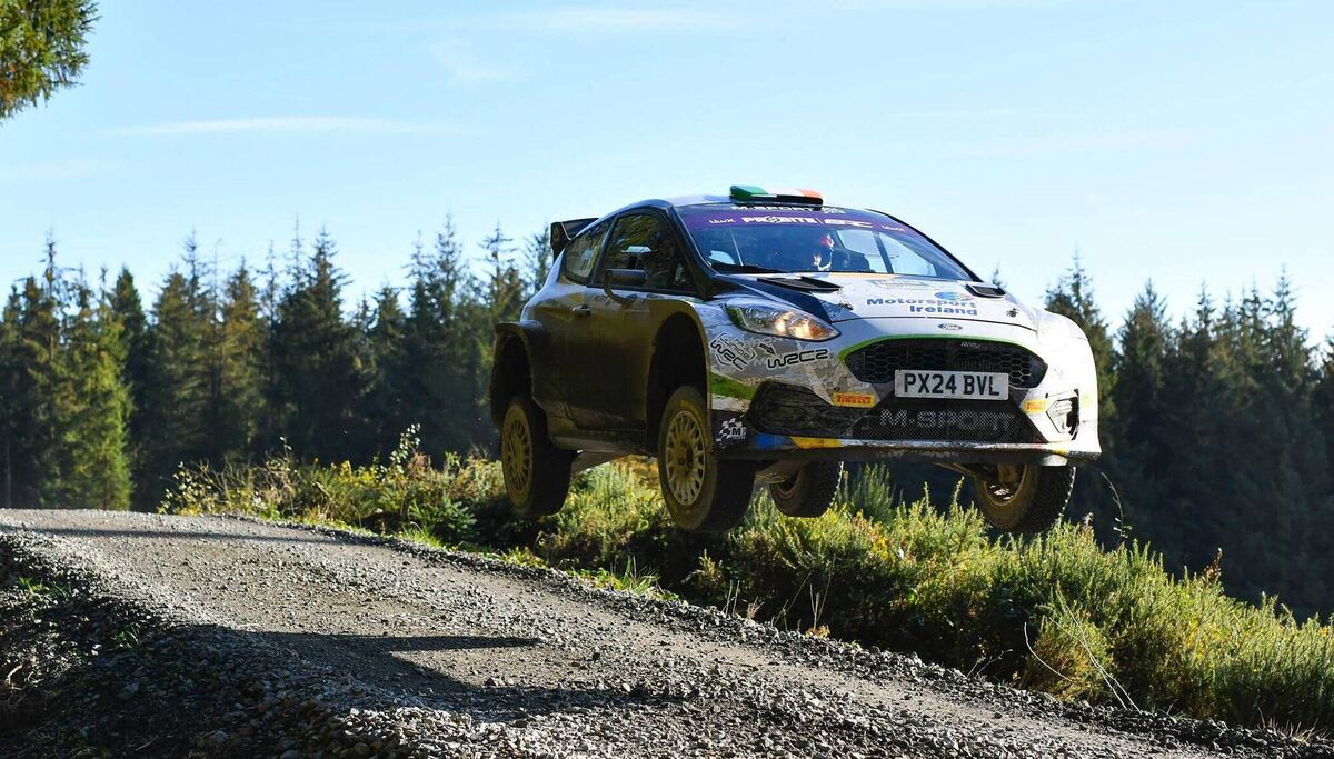 William Creighton/Liam Regan (Ford Fiesta Rally2) going high over a crest during the Visit Conwy Cambrian Rally, the final round of the Probite British Rally Championship. Picture: British Rally Championship.