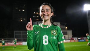 <p>BACK WITH A BANG: Marissa Sheva of Republic of Ireland celebrates after the UEFA Women's EURO 2025 Play-Off Round 1 first leg match between Georgia and Republic of Ireland at Mikheil Meskhi Stadium II in Tbilisi, Georgia. Pic: Stephen McCarthy/Sportsfile</p>