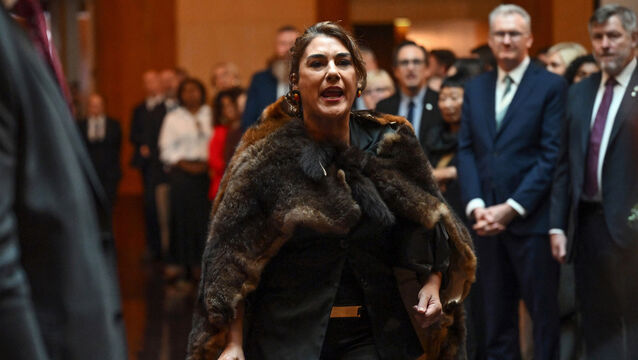 Australian senator Lidia Thorpe protests during the Ceremonial Welcome to Australia for King Charles III and Queen Camilla at Australian Parliament House in Canberra, marking the King’s first visit as sovereign to Australian Parliament House, on day two of the royal visit to Australia and Samoa (AP)