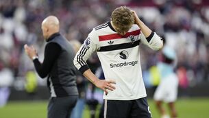 <p>UNDER PRESSURE: Manchester United's Rasmus Hojlund stands dejected as Manchester United manager Erik ten Hag applauds the fans. Pic: Nick Potts/PA Wire.</p>