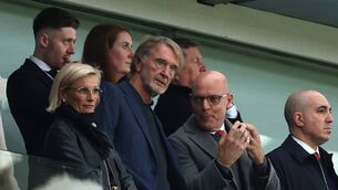 <p>Manchester United's co-owner Jim Ratcliffe (4L) talks with David Brailsford (2R) during the English Premier League football match between Aston Villa and Manchester United at Villa Park (Photo by ADRIAN DENNIS/AFP via Getty Images)</p>