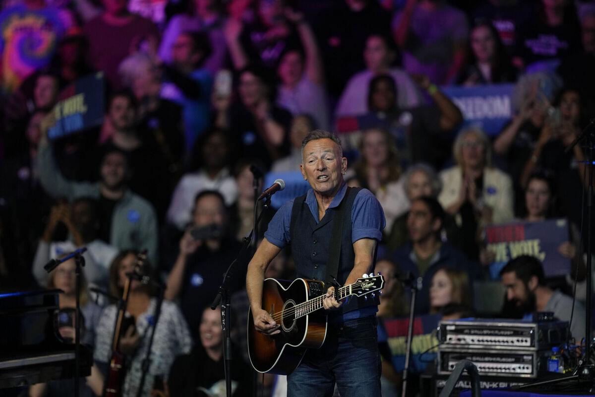 Bruce Springsteen spoke as if maybe nobody in the room knew who he was. 'I’m Bruce Springsteen and I’m here to support Kamala Harris and Tim Walz,' he said. Picture: AP/Matt Rourke