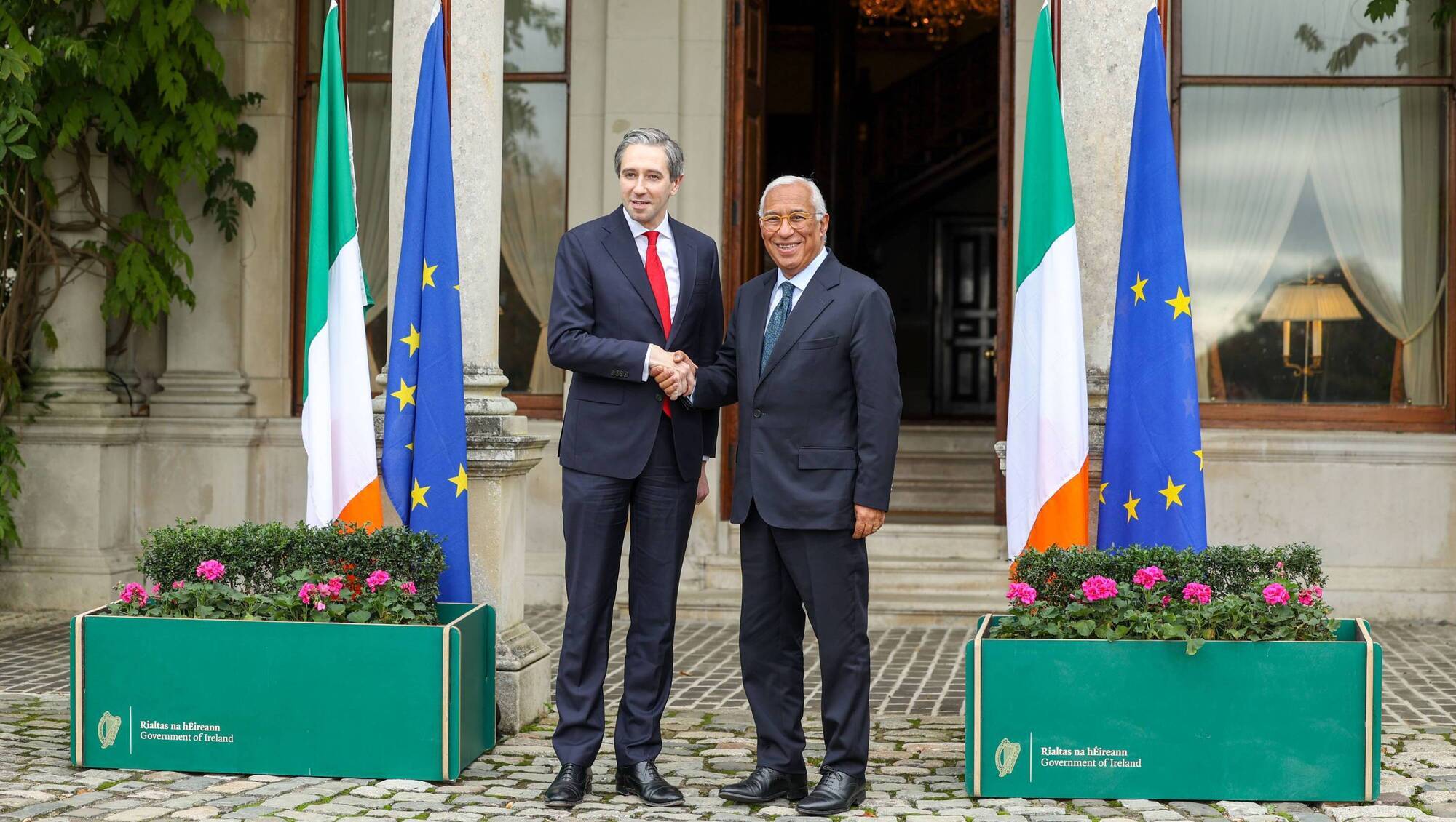 Taoiseach Simon Harris welcoming the incoming President of the European Council, António Costa in Farmleigh House on Tuesday. Mr Harris said that he is 'not quite sure' if the Occupied Territories Bill will be passed during the lifetime of this government. Photo: Government Information Service