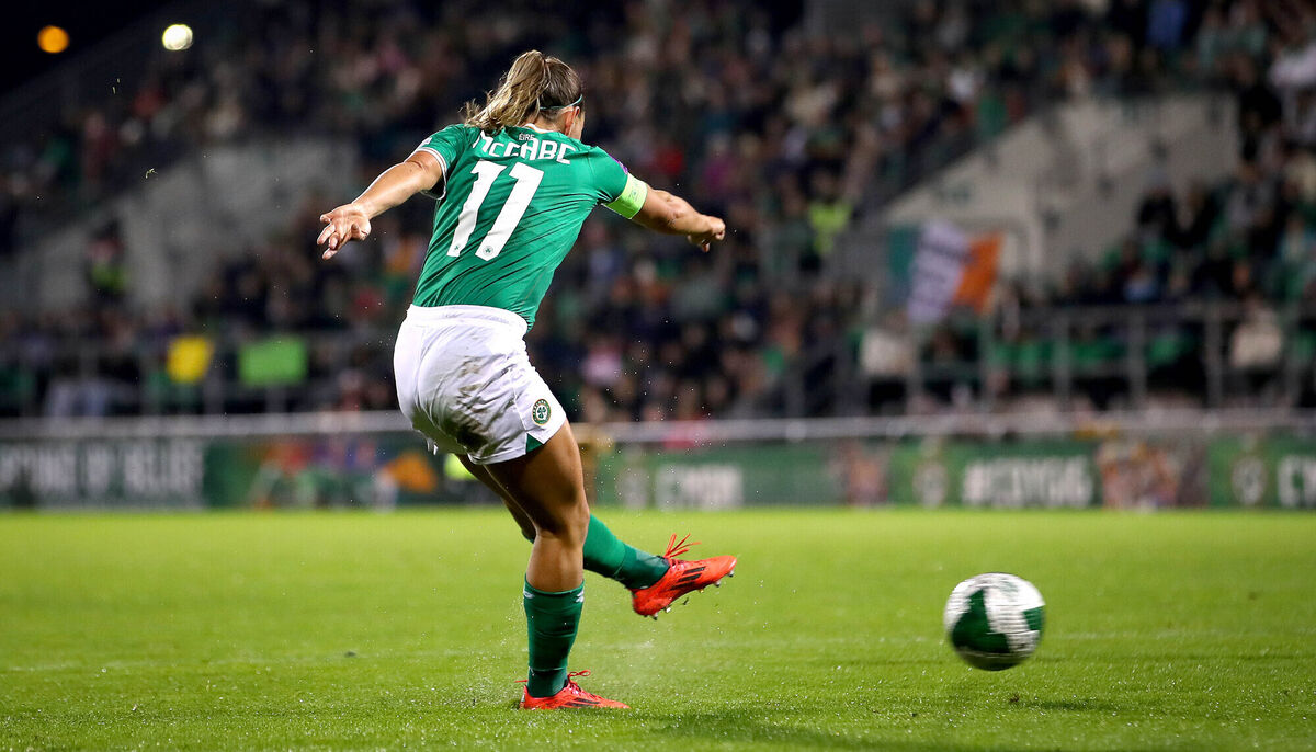 Ireland’s Katie McCabe scores her side’s third goal of the game. Pic: ©INPHO/Ryan Byrne Ireland’s Katie McCabe scores her side’s third goal of the game. Pic: ©INPHO/Ryan Byrne