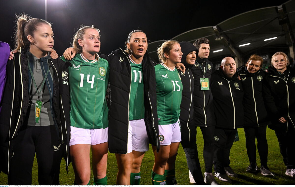 Republic of Ireland captain Katie McCabe, 11, speaks to her teammates after the EURO 2025 play-off victory over Georgia. Photo by Stephen McCarthy/Sportsfile Republic of Ireland captain Katie McCabe, 11, speaks to her teammates after the EURO 2025 play-off victory over Georgia. Photo by Stephen McCarthy/Sportsfile
