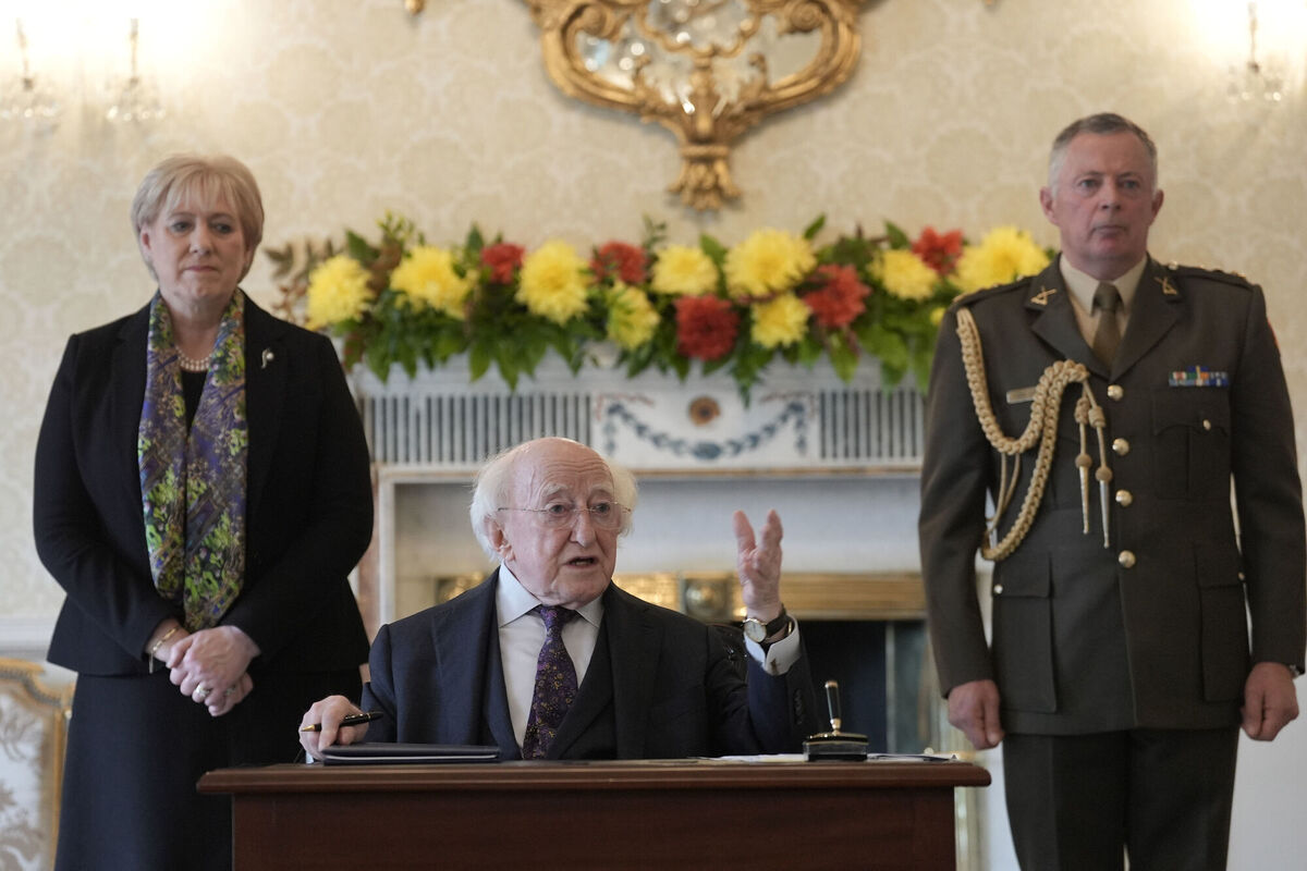 President Michael D Higgins speaks after signing a Presidential pardon for Sylvester Poff and James Barrett